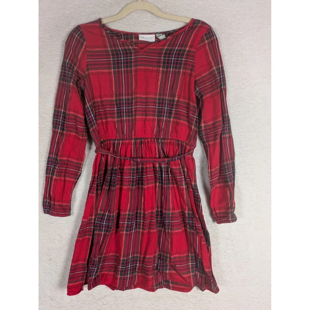 The Children's Place Plaid Dress Girl's 10/12 Red Metallic Long Sleeve Holiday